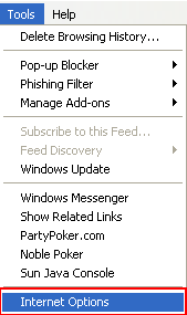 Tool menu with Internet Options highlighted