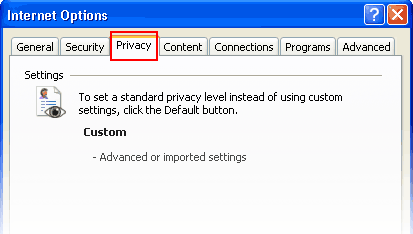 Internet Options menu with Privacy Highlighted