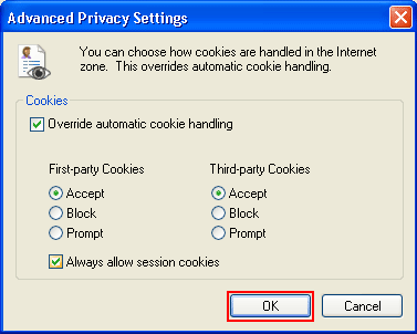 Advanced Privacy Settings menu with OK highlighted